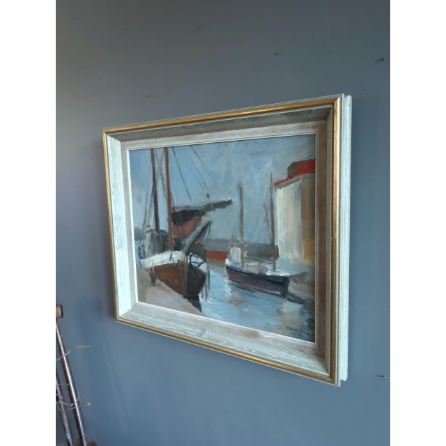 Mid 20th Century 1953 Mid-Century Modern 'Harbour at Rest' Vintage Original Swedish Expressive Seascape Oil Painting, Framed For Sale - Image 5 of 11