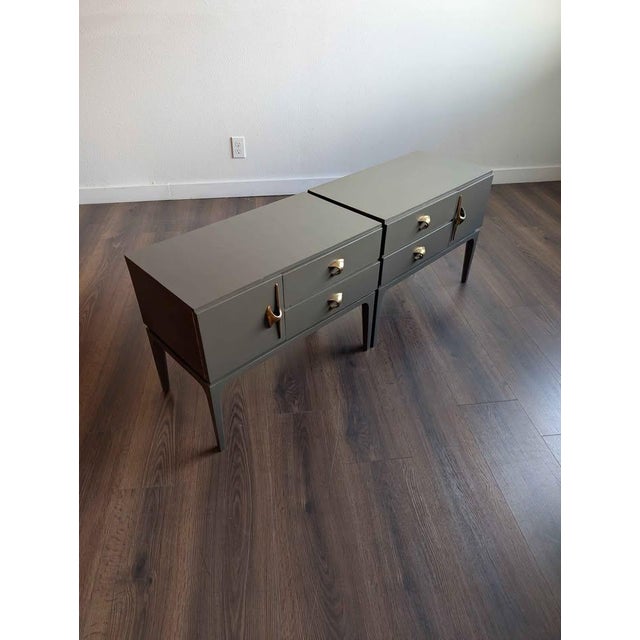 Mid Century Modern Pair of Grey Nightstands W/ Amazing Brass Hardware For Sale - Image 4 of 10