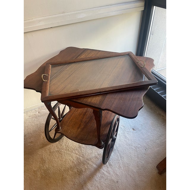 Mid 19th Century Antique Mahogany Butler’s Cart - Glass Serving Tray Top - Drop Leaf Sides For Sale - Image 5 of 7