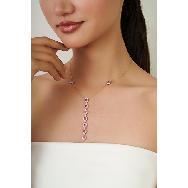 2.16 Carat Mozambique Red Ruby & Diamond Lariat Necklace in 14k Yellow Gold For Sale - Image 4 of 11