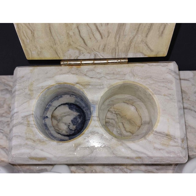 1930s Art Deco Solid Marble Double Inkwell With Ceramic Inserts Pen Rest & Blotter For Sale - Image 4 of 10