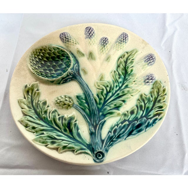 Ceramic Antique Late 1800s Luneville Barbotine Majolica Asparagus and Artichoke Plate For Sale - Image 7 of 13