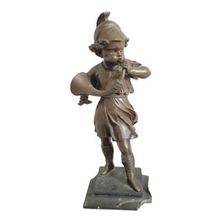 Grand Tour Revival Bronze Boy With Horn on Marble Base For Sale