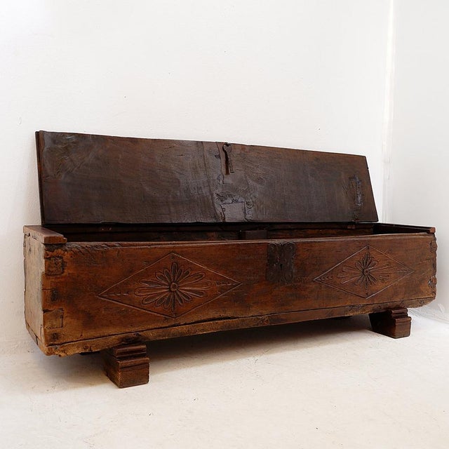 Spanish Carved Oak Bench Coffer, 1700s For Sale - Image 3 of 16