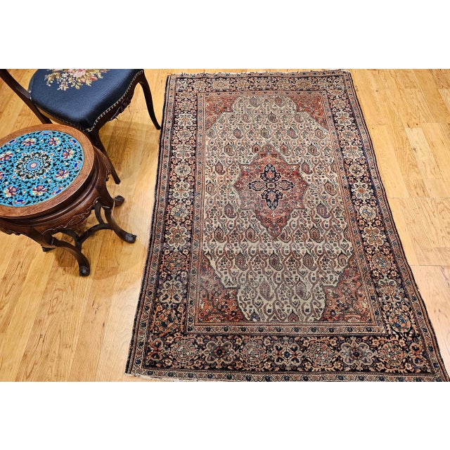 Cream 19th Century Persian Farahan Rug, Hand-Knotted Wool, Paisley Pattern, Pale Green & Navy, 4x6 For Sale - Image 8 of 18