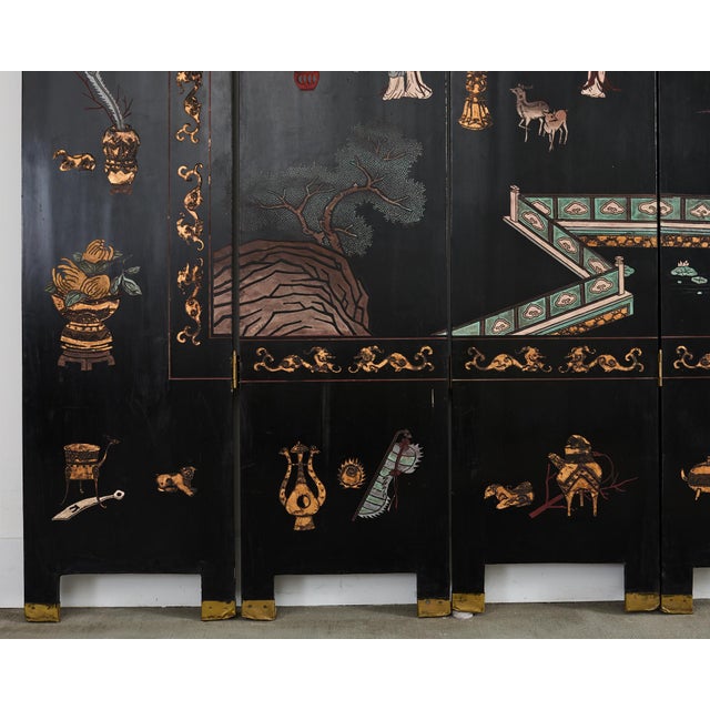 Chinese Export Eight Panel Coromandel Screen Pagoda Courtyard For Sale - Image 10 of 12