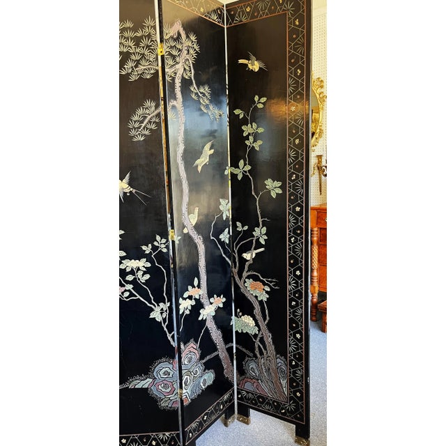 Monumental Vintage Asian Coromandel 4-Panel Floor Screen With Incised Painted Details For Sale In West Palm - Image 6 of 13