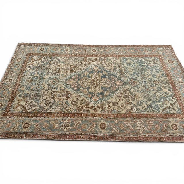 1940s Vintage Malayer Rug | Ivory and Light Blue Central Medallion | 4x7 For Sale - Image 5 of 6