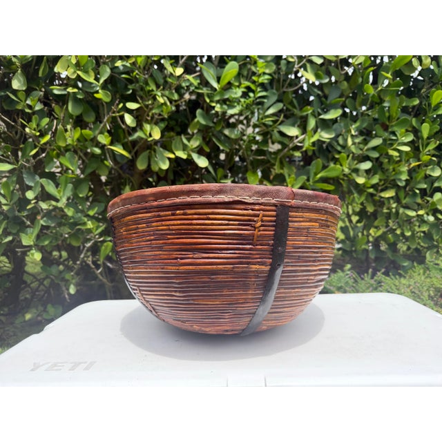 Brown Vintage 17.5” Handmade Primitive Pencil Rattan Basket With Leather Rim For Sale - Image 8 of 12