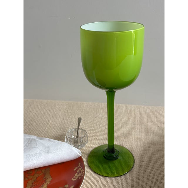 Glass 7 VTG Murano Lime Chartreuse Green Cased Long Stem Wine Glasses Carlo Moretti For Sale - Image 7 of 7