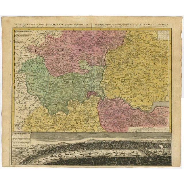 Beige Antique Map of London including Essex to Surrey in England, 1741 For Sale - Image 8 of 10
