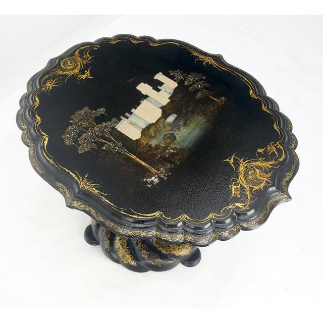 Arts & Crafts English Papier-Mache Black Gold Mother of Pearl Antique c1900s Lamp Table Clean! For Sale - Image 3 of 13