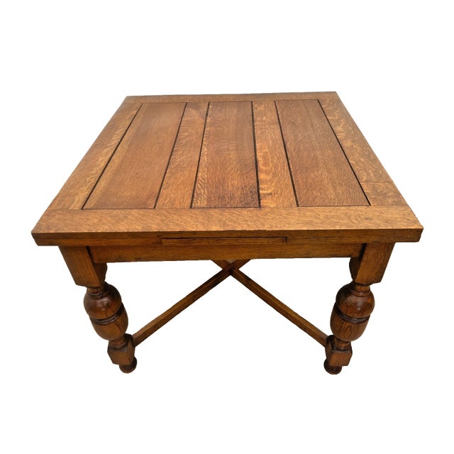 English Early 20th Century English Tudor Expansion Table Turned Baluster Legs Quarter Sawn Oak, X-Stretcher For Sale - Image 3 of 14