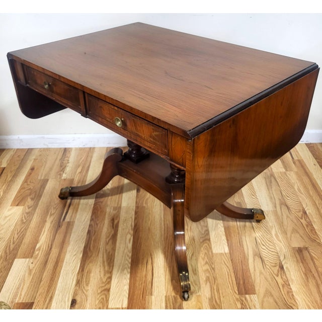 19th C English Regency Carved Brass Inlaid Rosewood Drop Leaf Sofa Table Desk For Sale - Image 9 of 18