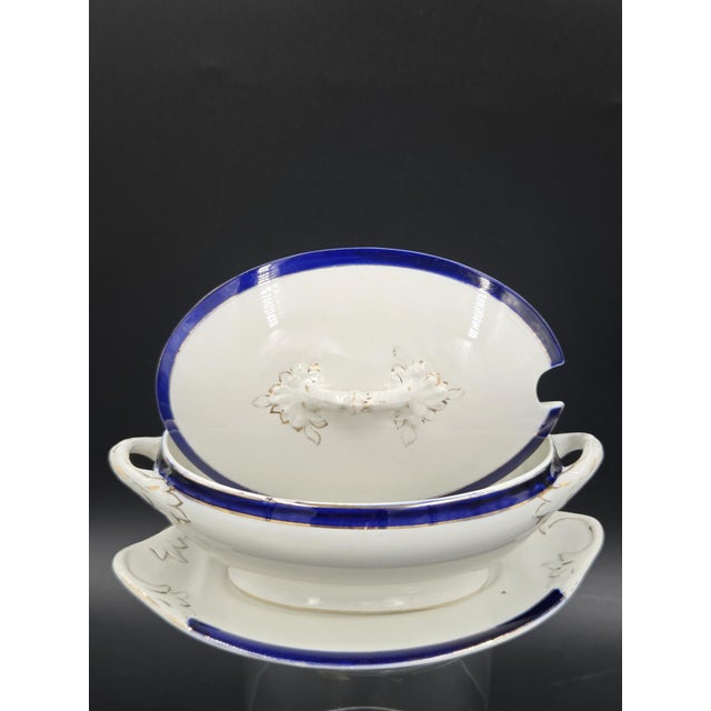 Mid 20th Century Large English Gravy Boat With Cobalt Blue Stripe For Sale - Image 13 of 18