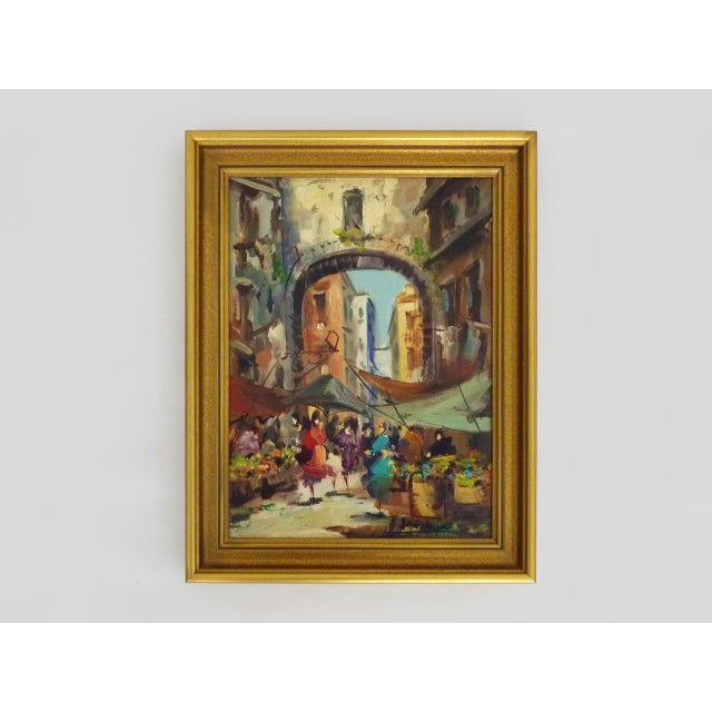 Unknown, Market Scene, 1980s, Oil on Cardboard and Wood For Sale - Image 8 of 8