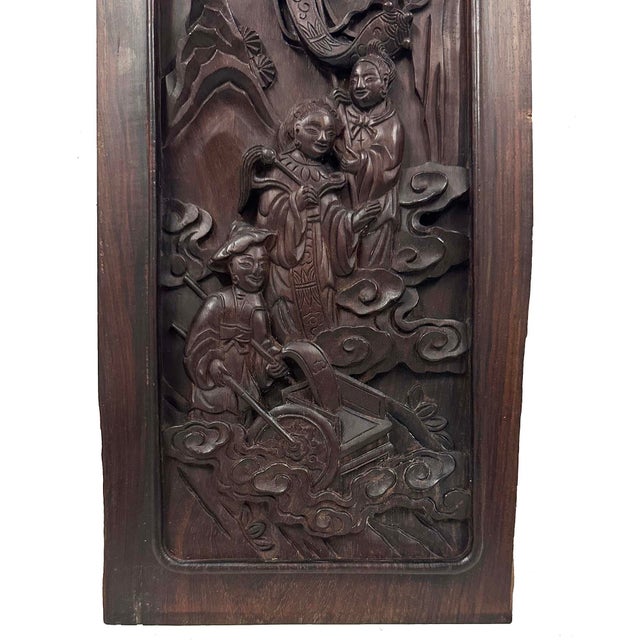 Wood Early 20th Century Hand Carved Traditional Chinese Wood Carving Panels, Set of 2 For Sale - Image 7 of 10