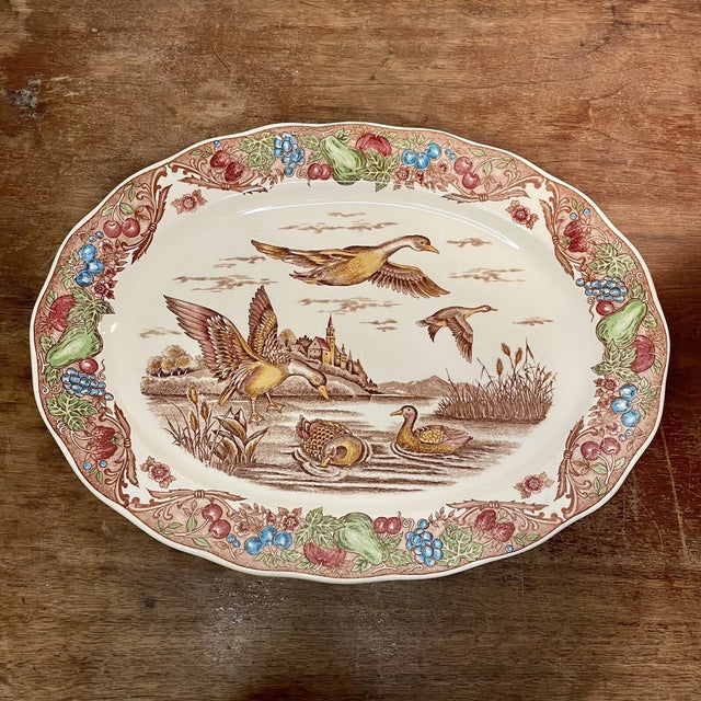 Bring timeless vintage charm to your dining table with this **Vintage Mid-Century Modern (MCM) Large Duck Pond Scene...