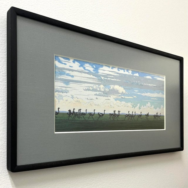 "Running Ostrich" Japanese Woodblock Print by Yoshida Toshi Circa 1984 For Sale - Image 6 of 8