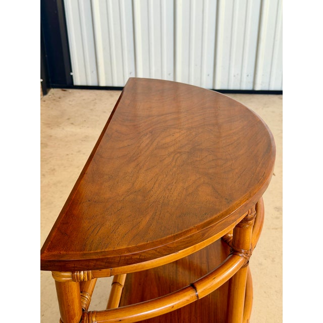 Heywood-Wakefield 1940s Modernist Rattan & Mahogany Demilune Side Table by Rattanage For Sale - Image 4 of 12
