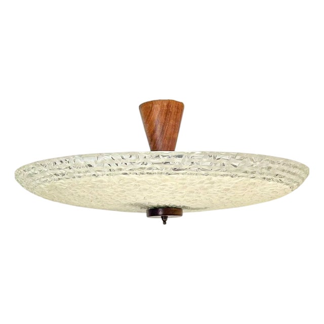 Large Vintage Flush Mount in Teak and Glass, 1960s For Sale