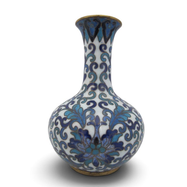 Chinese Cloisonne Turquoise & Cobalt Blue Enamel Flower Small Brass Vase For Sale In Portland, OR - Image 6 of 10