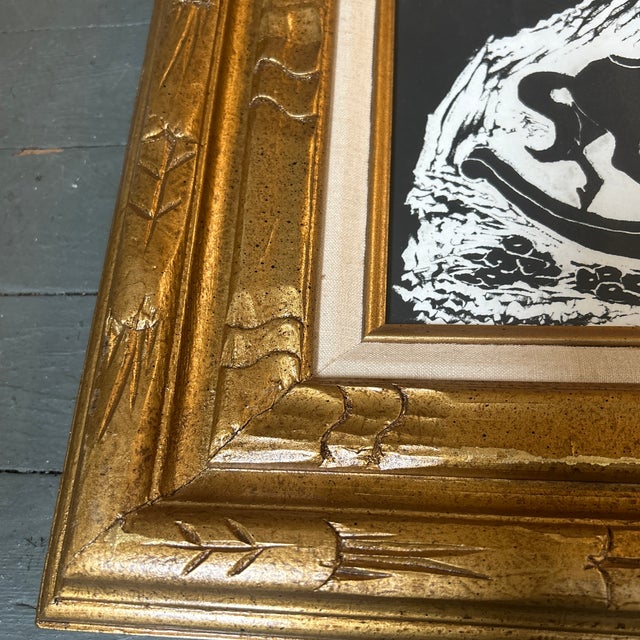 Folk Art 1970’s Original Folk Art Rocking Horse Block Print Chunky Gold Frame For Sale - Image 3 of 5