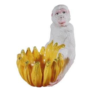 1950s Bellini Italian Art Pottery Monkey Banana Fruit Bowl Sculpture For Sale