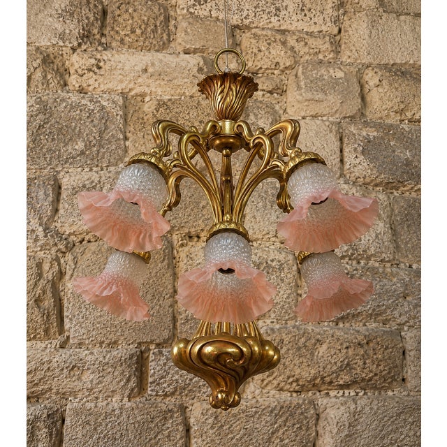Gold Art Nouveau Nancy School Bronze Chandelier with Five Lights, 1900s For Sale - Image 8 of 8