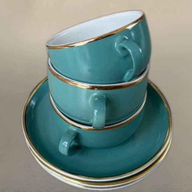 1950s Vintage Coffee Cups in Turquoise Green Porcelain with Gold Detailing from Mitterteich Bavaria, 1950s, Set of 12 For Sale - Image 5 of 11