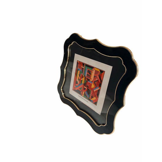 Hermès Vintage 1980's Hermès “Perspective Cavalière” Print of Hermes Scarf Avertisement Art in Black & Gold Scalloped Frame For Sale - Image 4 of 10