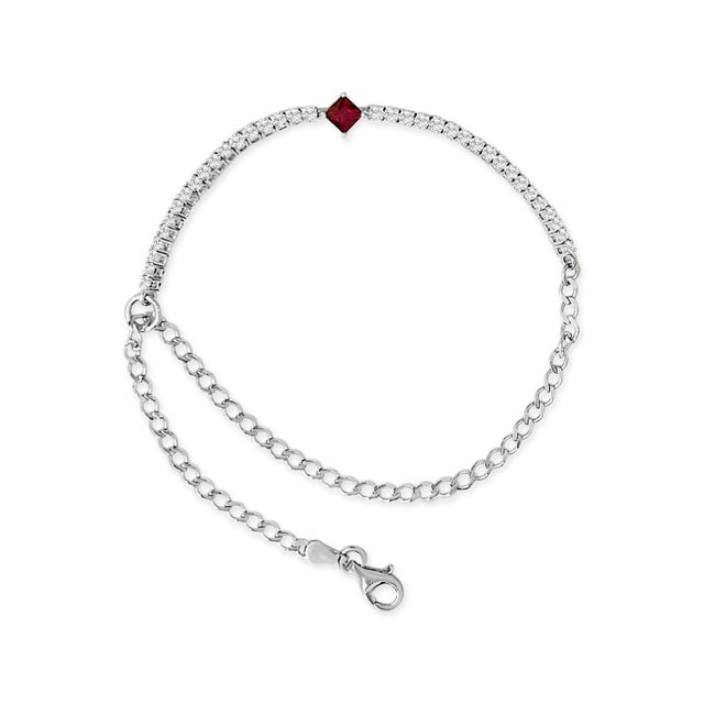 .925 Sterling Silver Created Ruby and Sapphire Adjustable Tennis Chain Bracelet For Sale - Image 4 of 5