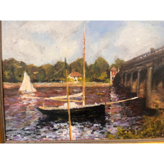 Green 1970s Charming Oil Painting: Maritime Harbor Scene With Sailboats, on Canvas and Framed - Signed For Sale - Image 8 of 12