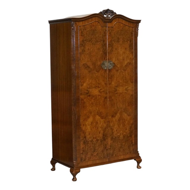 English Art Deco Queen Anne Burr Walnut Wardrobe, 1920s For Sale