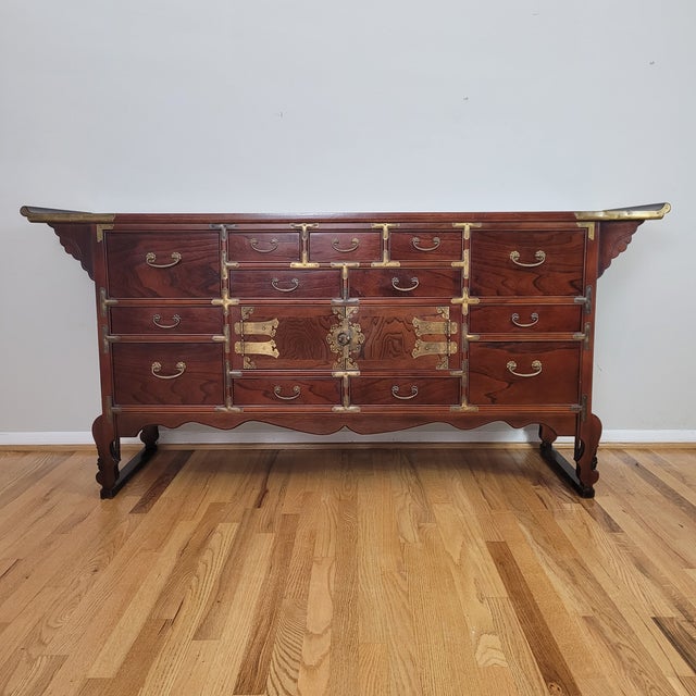 Campaign Late 20th Century Korean Apothecary Tansu Chest Cabinet Sideboard Console Credenza Campaign Style For Sale - Image 3 of 14