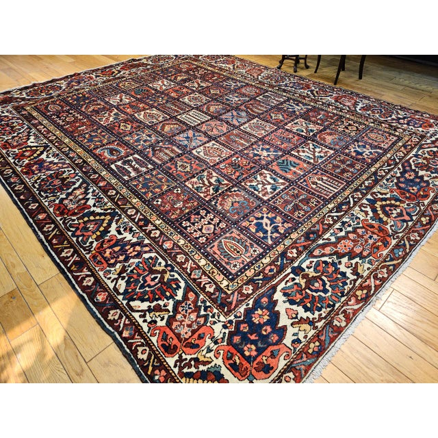 Navy Blue Vintage Oversized Persian Bakhtiari Rug, Hand-Knotted wool, Garden Panel Pattern, Burgundy & Blue, 11x14 For Sale - Image 8 of 11