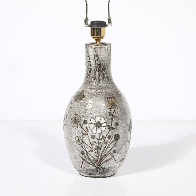 Mid-Century Gray Glazed Ceramic Table Lamp With Floral Motifs by Paul Quéré For Sale - Image 11 of 14