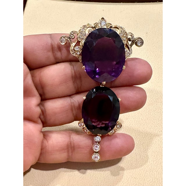 Huge Two Oval Shape Amethyst Pendant Necklace/ Pin & Diamonds 14 Kt Yellow Gold For Sale In New York - Image 6 of 18