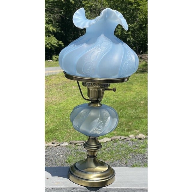 Blue Rare Vintage Ice Blue Satin Frost Fenton Paisley Glass Table Lamp 20th C. For Sale - Image 8 of 18
