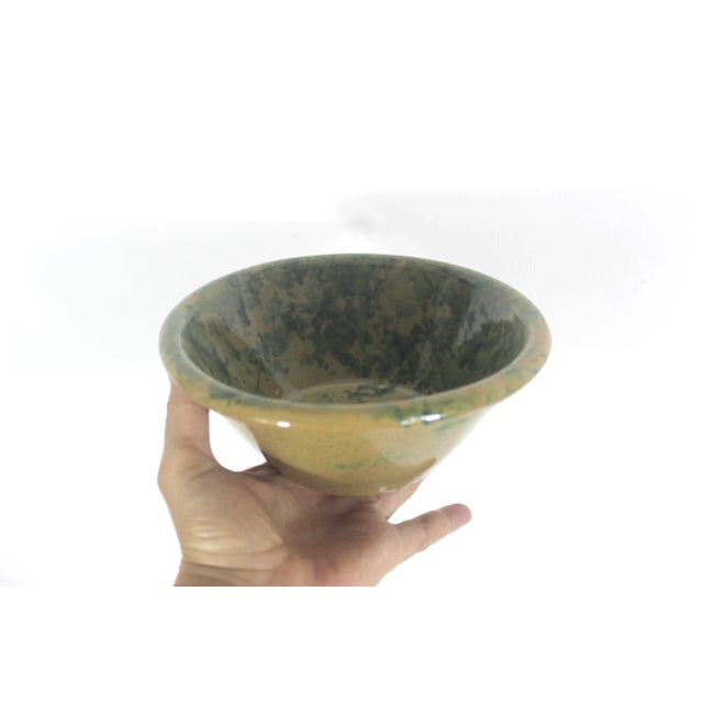Farmhouse Vintage Green Sponge Ware Bowl Primitive Rustic Speckled Pottery For Sale - Image 3 of 9