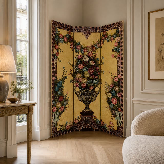 Hollywood Regency Vintage Hand-Painted Italianate Floral 3-Panel Dressing Screen Room Divider For Sale - Image 3 of 18