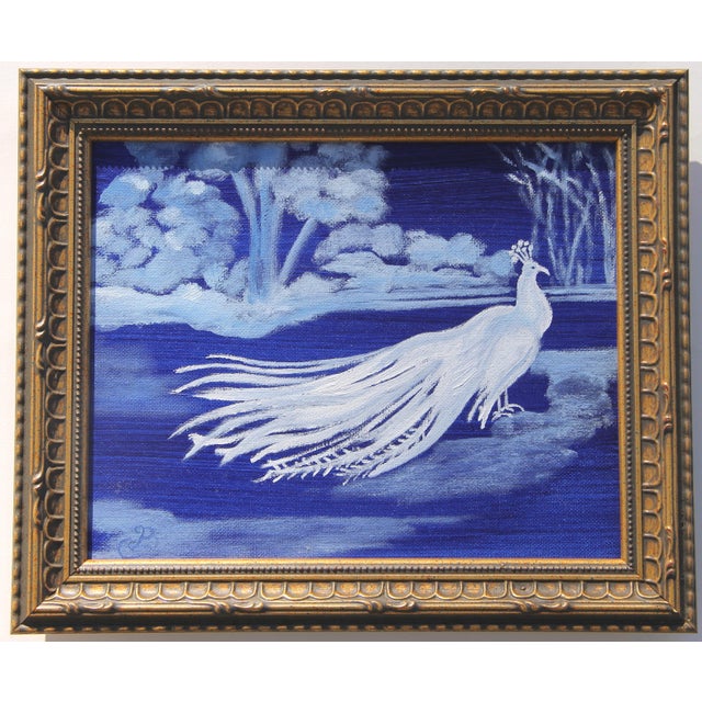 Chinoiserie Peacock Bird Landscape Impressionism Realism Chinoiserie Blue White Original Oil Painting by Cleo Plowden For Sale - Image 3 of 3