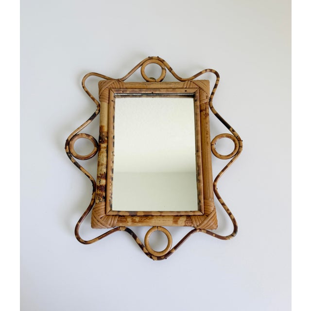 1960s 1960s Italian Riviera Style Burnt Bamboo Rattan Wall Mirror With Scalloped Frame For Sale - Image 5 of 10