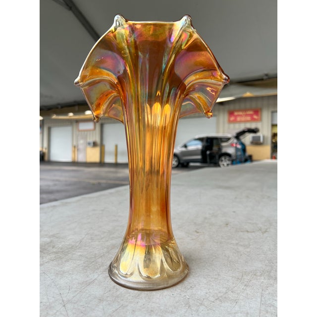 Art Deco Antique Iridescent Marigold Carnival Glass Vase by Imperial Glass For Sale - Image 3 of 9