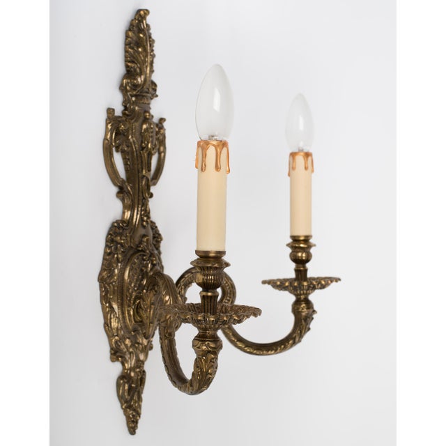 Brass 1950s Spanish Rococo Chased Brass 2-Light Wall Sconce For Sale - Image 8 of 11