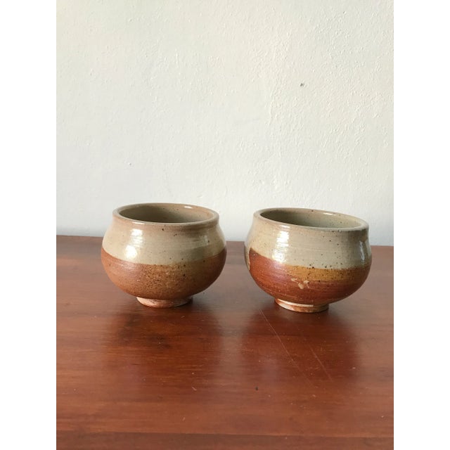 Ceramic Vintage Studio Signed Pottery Drippy Glaze Tea Cup or Bowls - Pair For Sale - Image 7 of 10