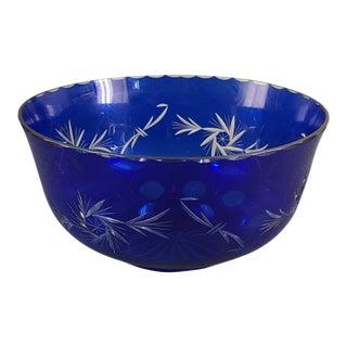 Vintage Bohemian Czech Large Center Bowl Cobalt Blue Cut to Glear Glass For Sale