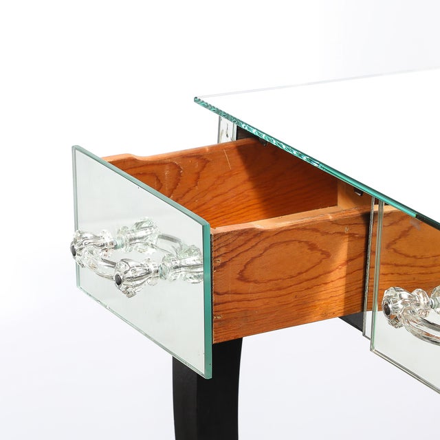 Art Deco Hollywood Mirrored Trifold Ebonized Cabriole Leg Vanity W/ Glass Pulls For Sale - Image 9 of 18