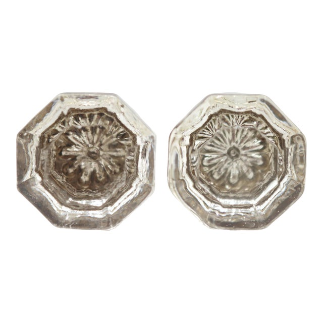 Pair of Vintage 1 In. Floral Octagon Glass Cabinet Knobs For Sale