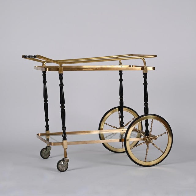 Brass and Black Lacquered Wood Bar Cart attributed to Cesare Lacca, Italy, 1950s For Sale - Image 12 of 18